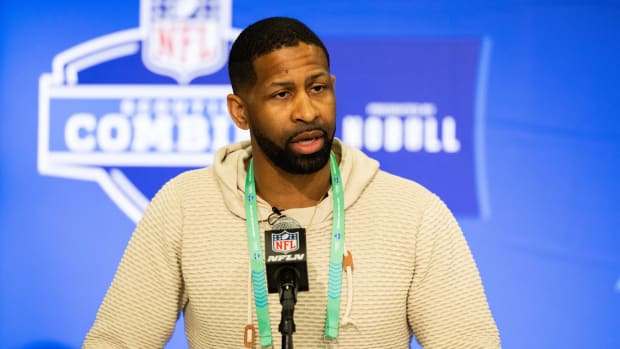 Browns general manager Andrew Berry speaks with media at the NFL combine.